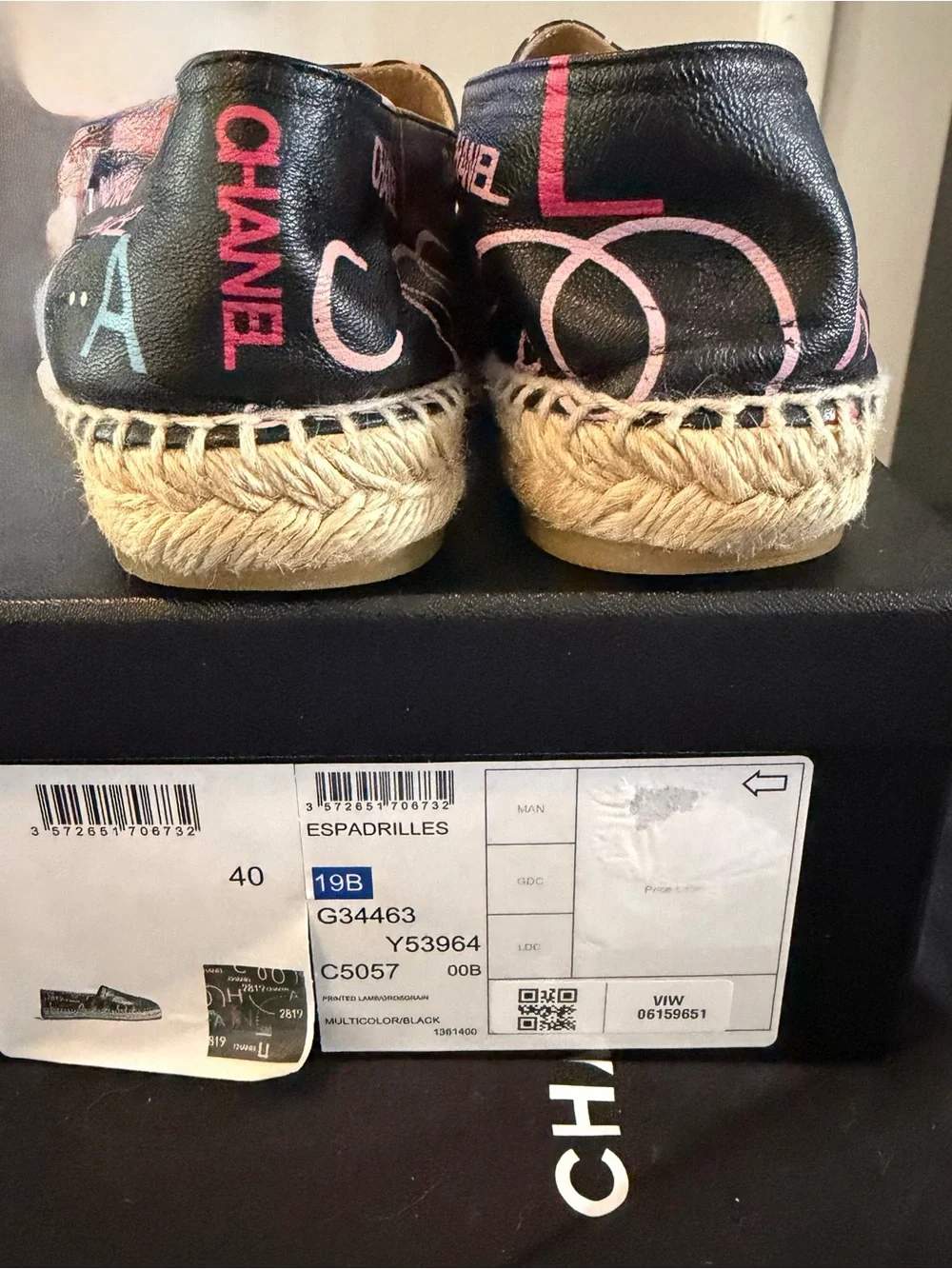 Authentic CHANEL Black Canvas Espadrilles with Pink & Blue Logo Print